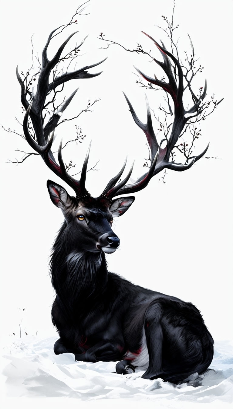 Mystical Black Deer in Snow with Enchanting Antlers Mobile Wallpaper