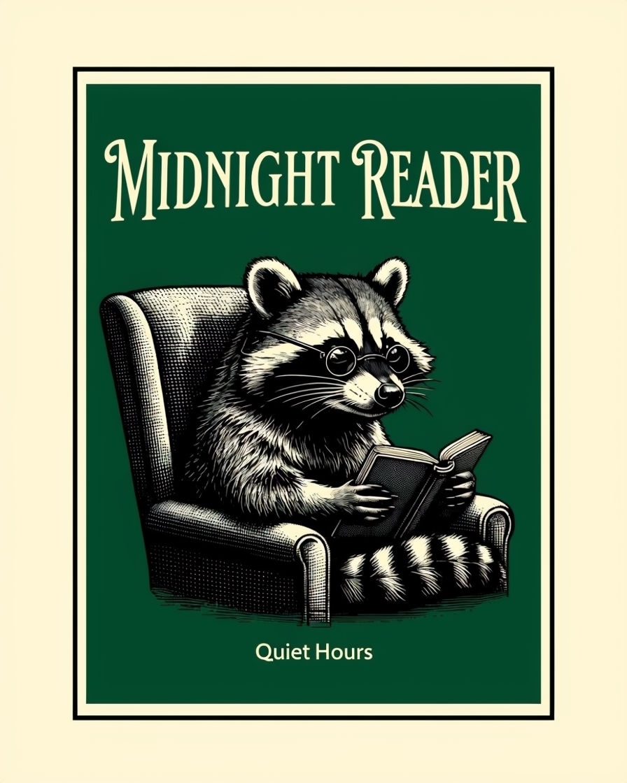 Midnight Reader Raccoon Illustration with Text Poster