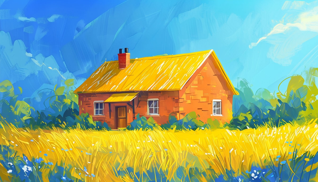 Serene Rural Landscape with Cozy Brick House Virtual Background