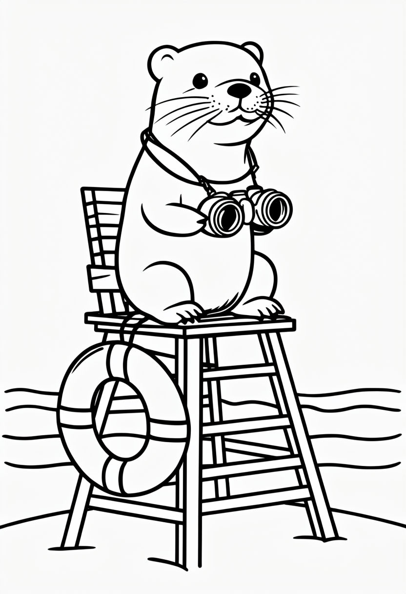 Playful Otter Lifeguard Line Drawing for Coloring Book Pages