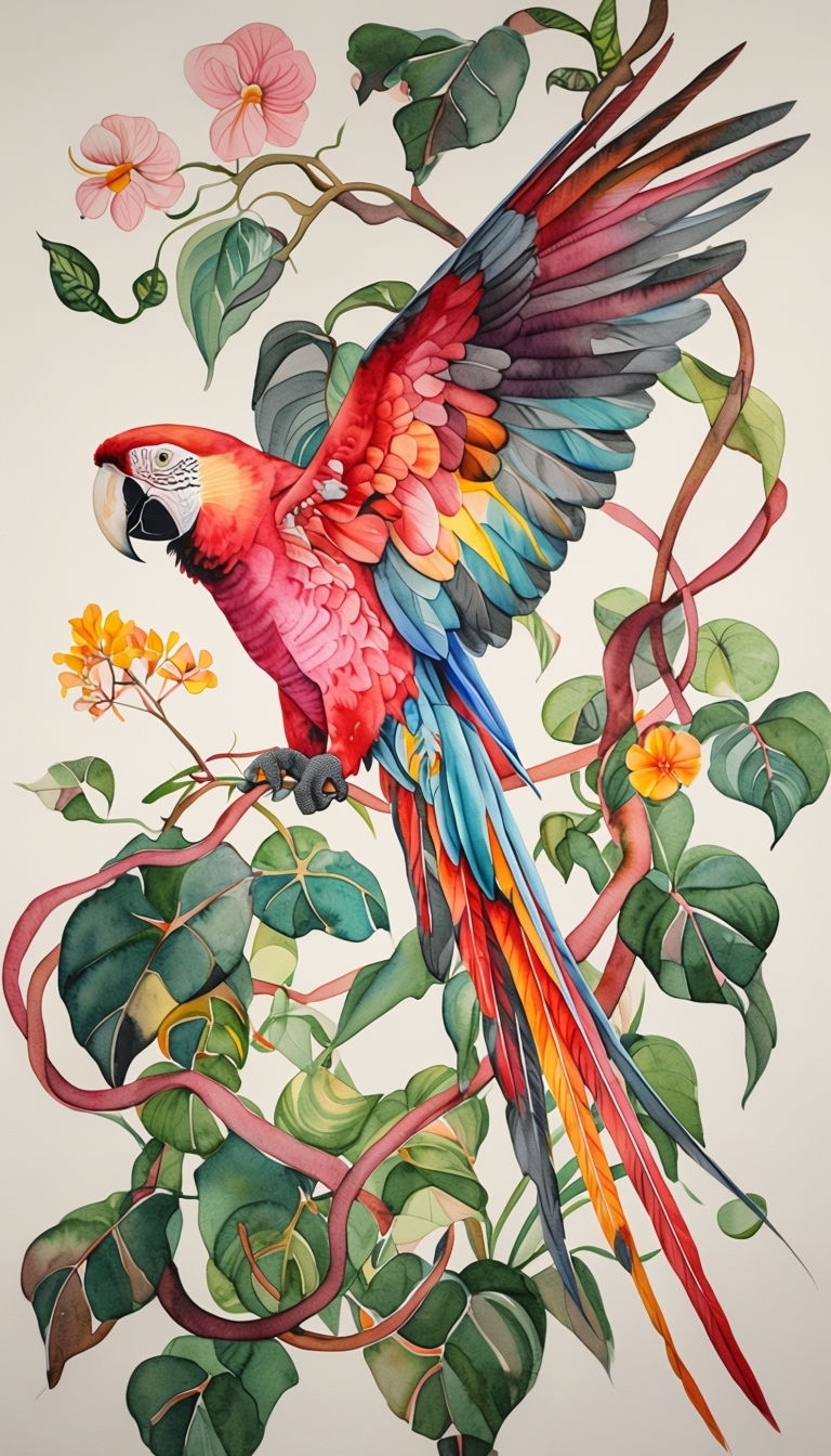 Vibrant Scarlet Macaw Watercolor Painting in Lush Foliage Mobile Wallpaper