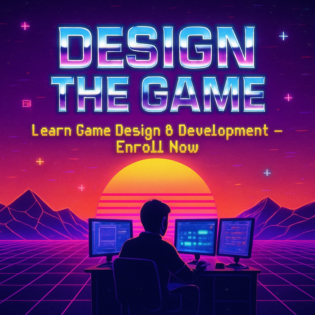 Retro-Futuristic Game Design Promotion Poster with Neon Graphics Ads