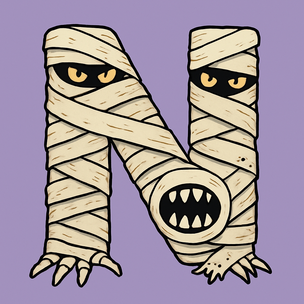 Cartoonish Mummy Letter N Illustration with Spooky Design Monogram