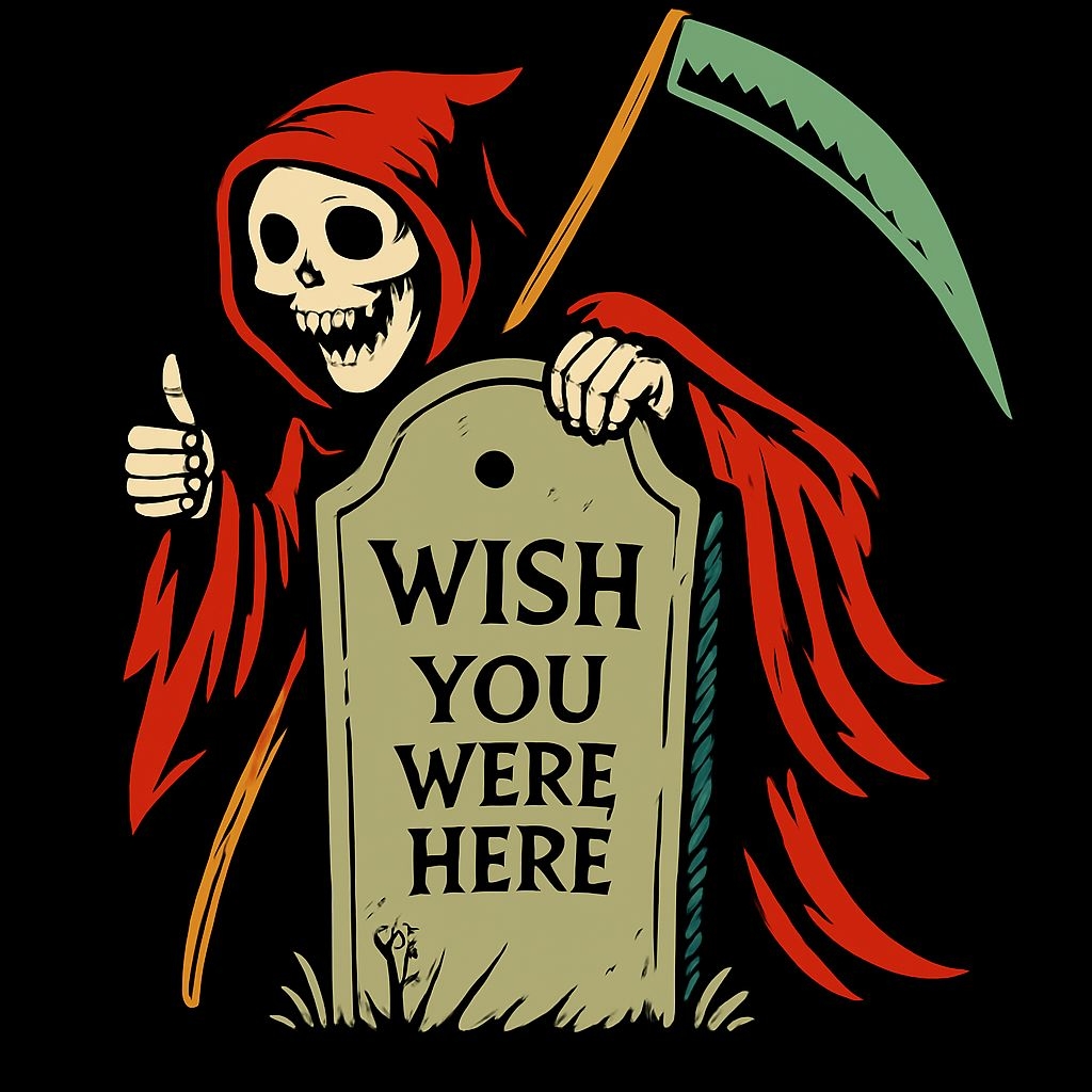Grim Reaper Cartoon with Thumbs Up and Wish You Were Here T-Shirt