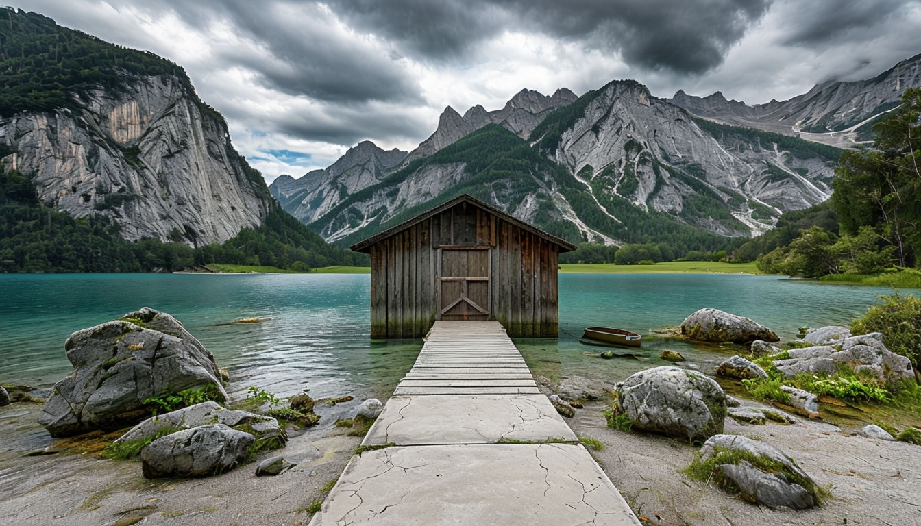 Rustic Boathouse by Turquoise Lake in Serene Mountain Landscape Virtual Backgrounds