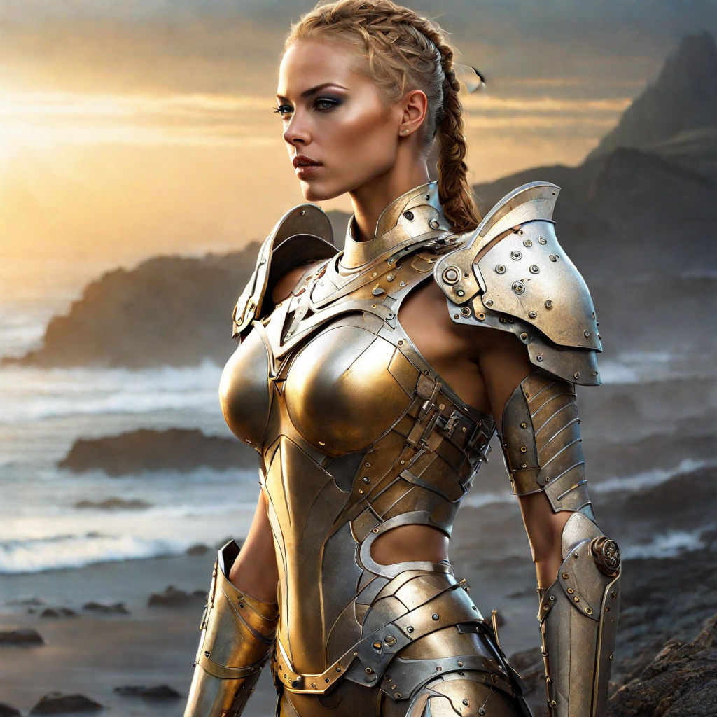 Make a female full body fantasy character design with golden armour