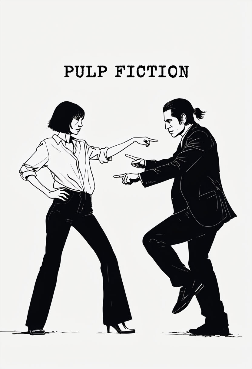 Minimalist Silhouette Dance Figures with PULP FICTION Text Poster