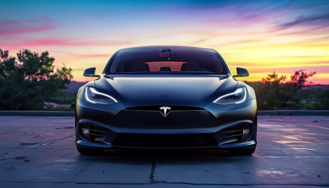Sleek Matte Black Tesla Model S at Sunset Virtual Background