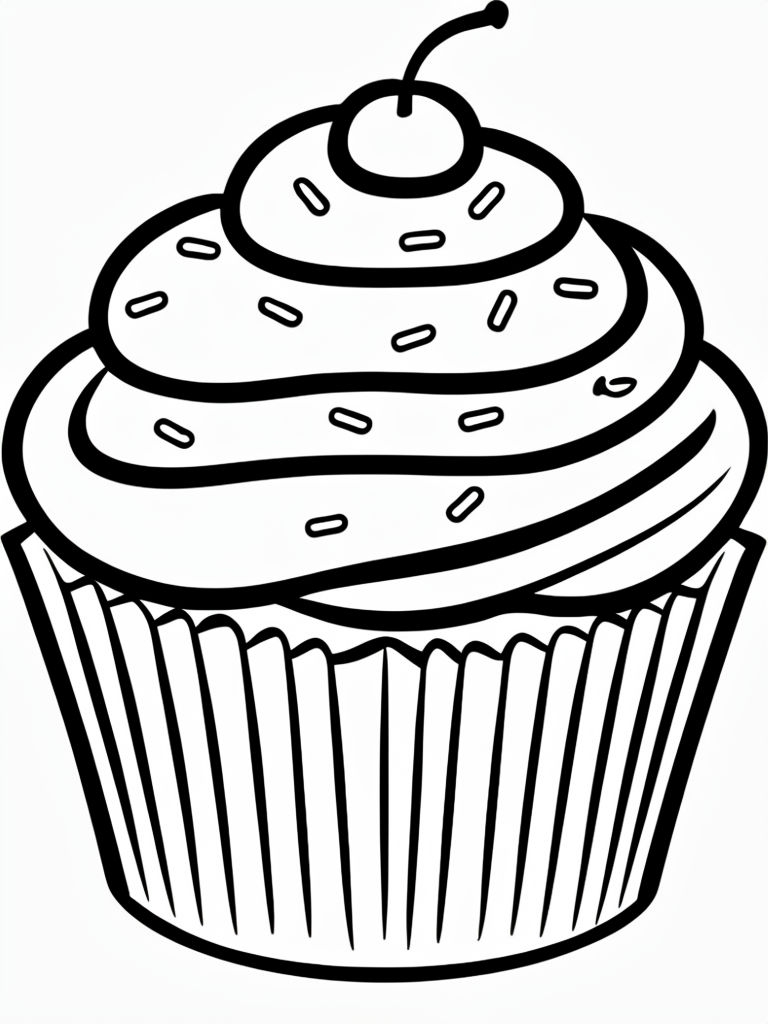 Whimsical Black and White Cartoon Cupcake Coloring Page