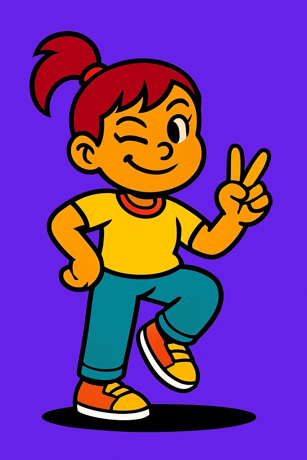 Cheerful Cartoon Girl with Peace Sign on Purple Background Art