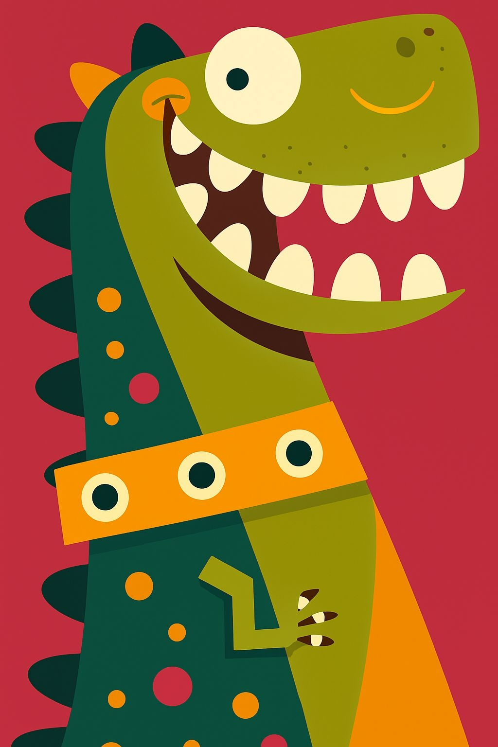 Playful Cartoon Dinosaur Illustration on Deep Red T-Shirt