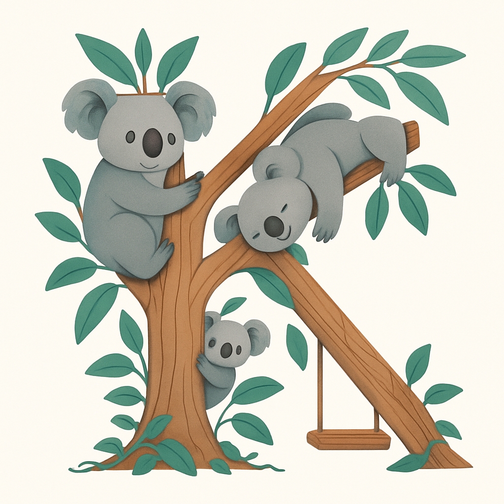 Whimsical Koala Tree Letter K Cartoon Illustration Monogram