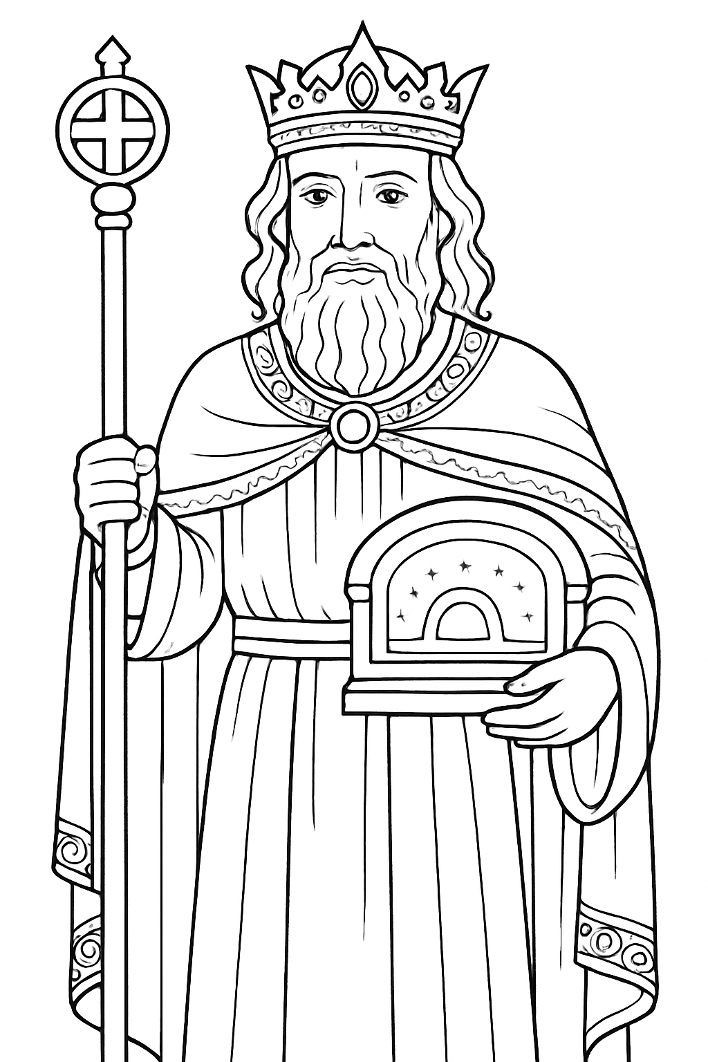 Regal King with Crown and Staff Black and White Illustration Coloring Book Pages