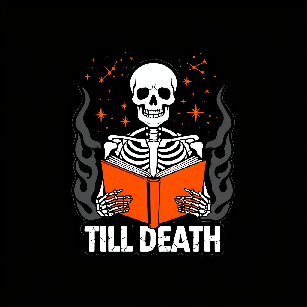 Till Death Skeleton Illustration with Orange Book T-Shirt