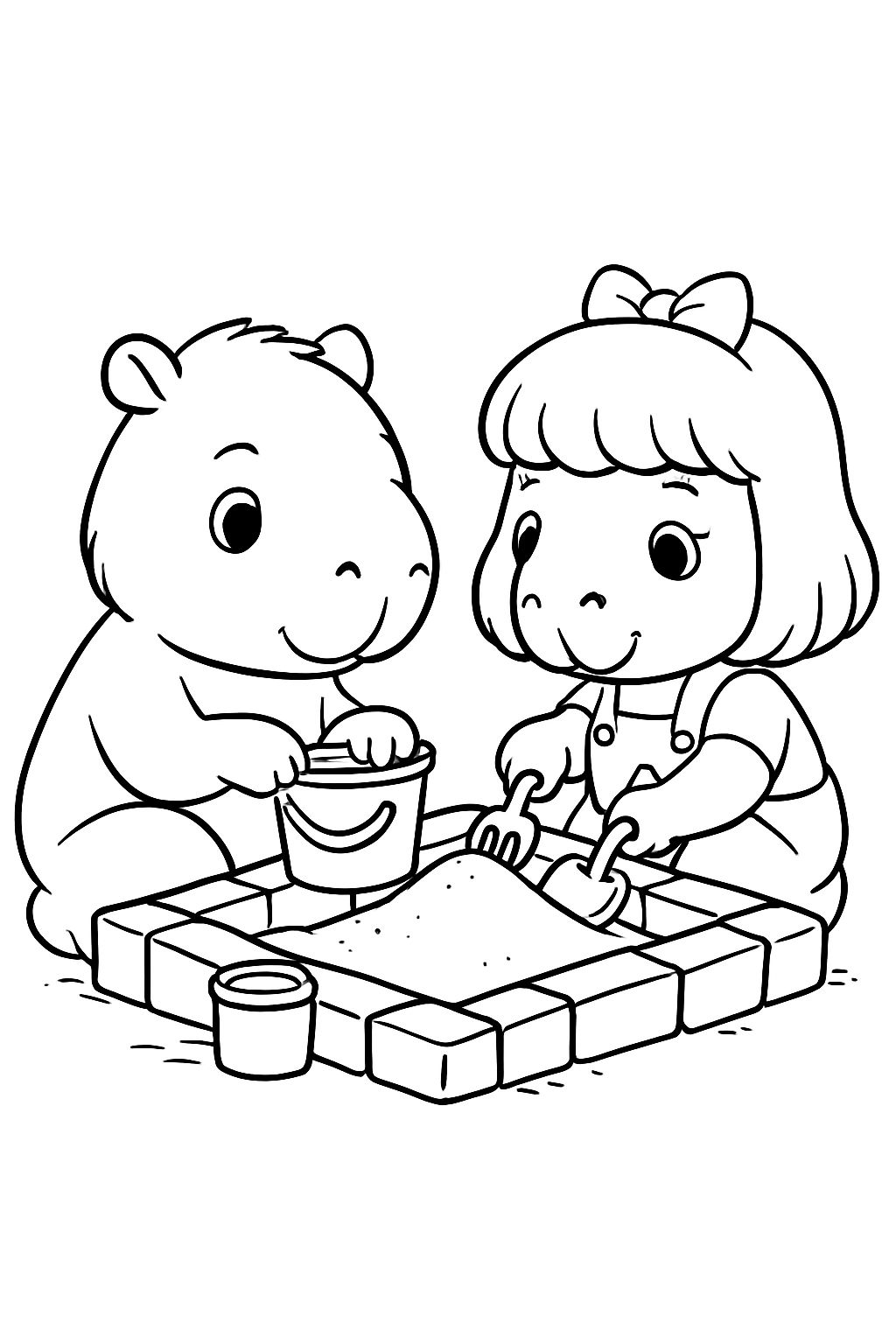 Playful Cartoon Hippo and Girl in Sandbox Coloring Page