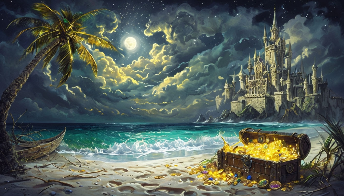 Surreal Tropical Night Beach Scene with Treasure Chest Art