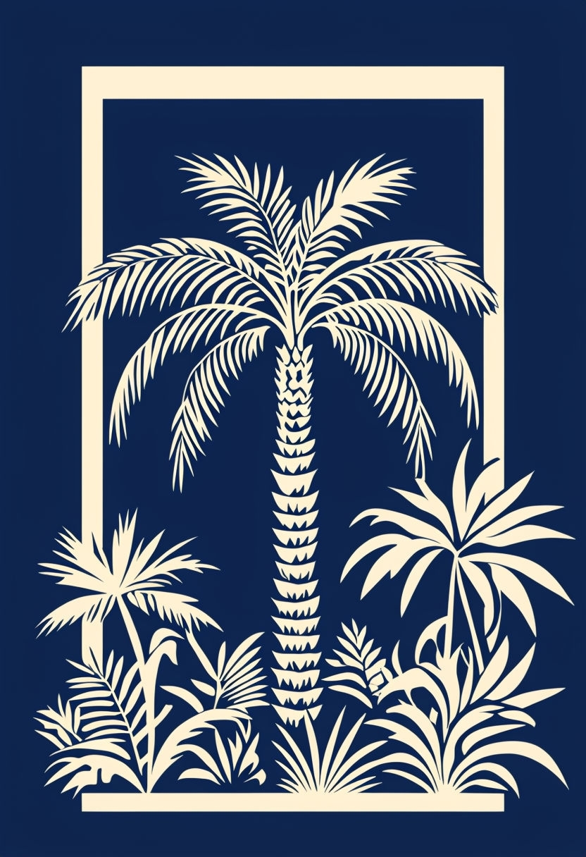 Tropical Palm Tree Silkscreen Illustration on Navy Background Art