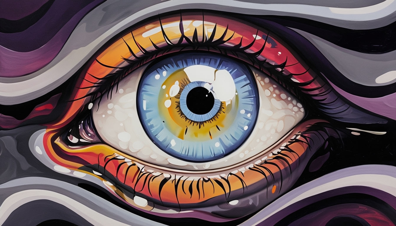 Vivid Close-Up Abstract Eye Painting with Surreal Elements Background