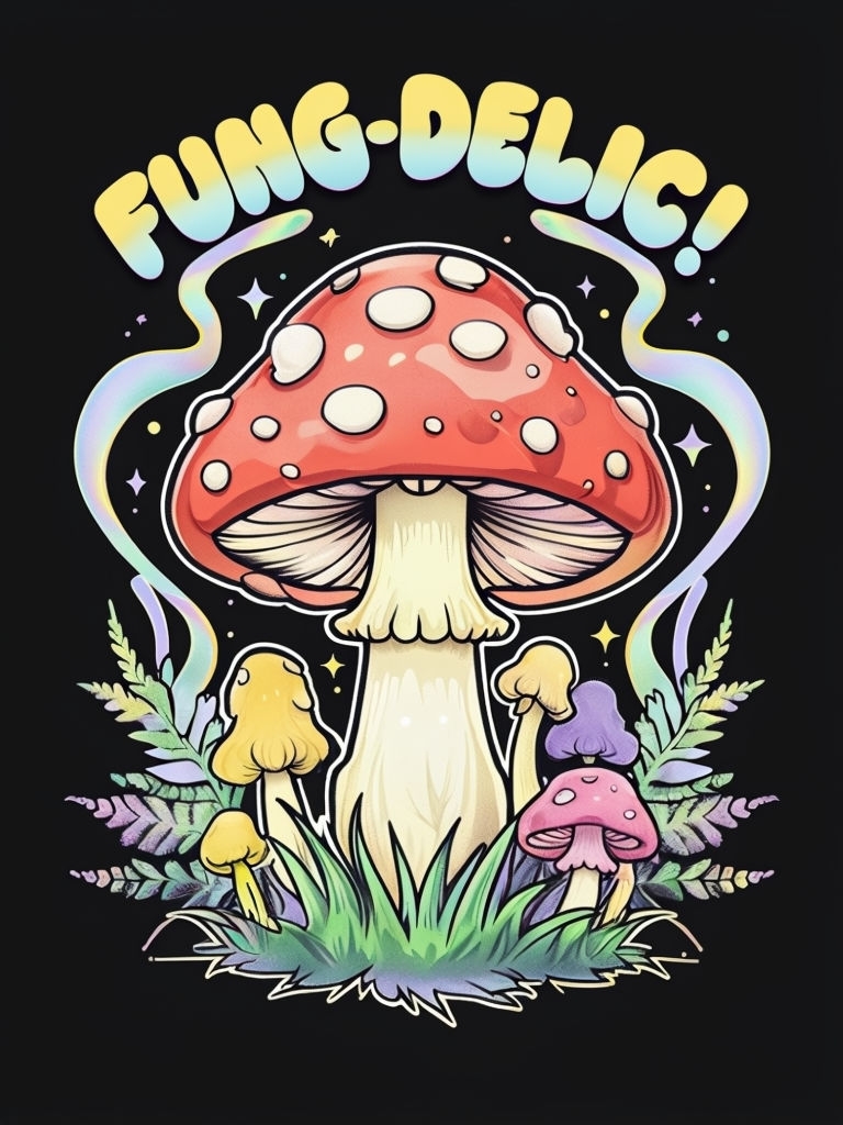 Whimsical Red Mushroom Illustration with Magical Elements Poster