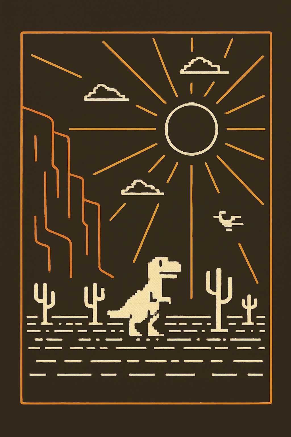 Retro Pixel Art T-Rex in Desert Landscape Poster