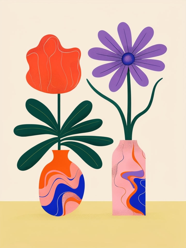 Colorful Abstract Plant Illustration in Modern Vases Art