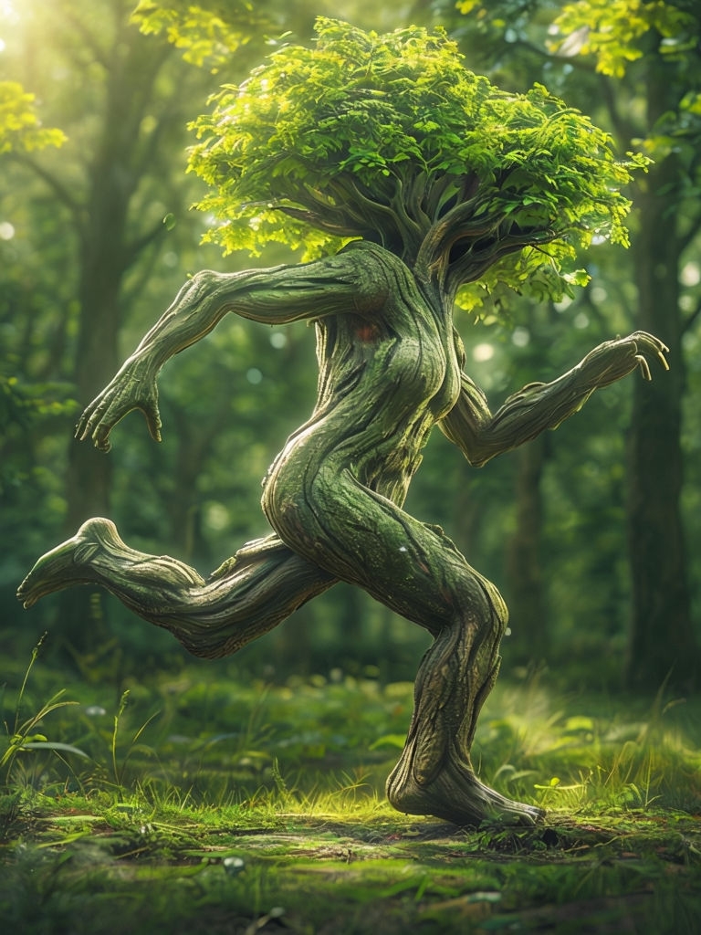 Whimsical Anthropomorphic Tree Sculpture in Motion Art