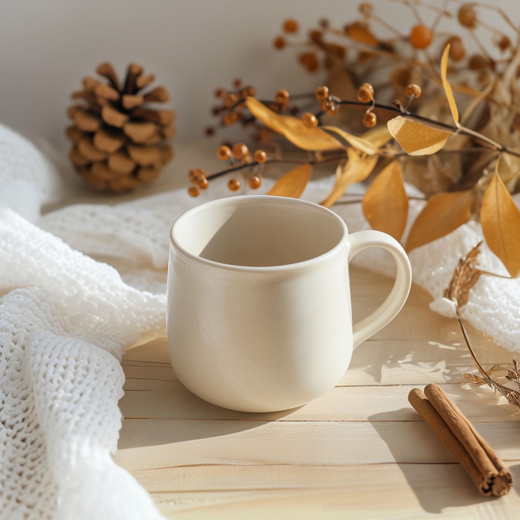 Cozy Autumn Still Life with Cream Mug and Natural Elements Mockup