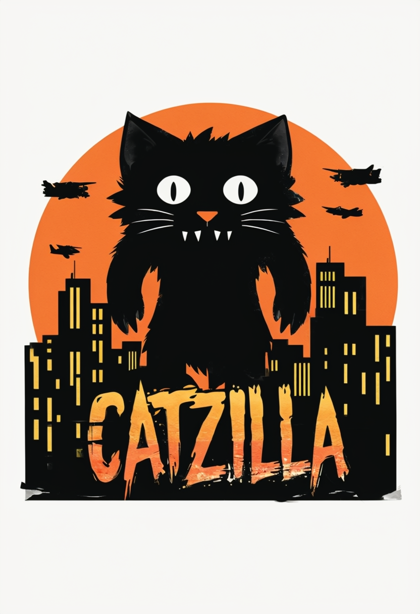 Catzilla Black Cat Illustration in Cityscape