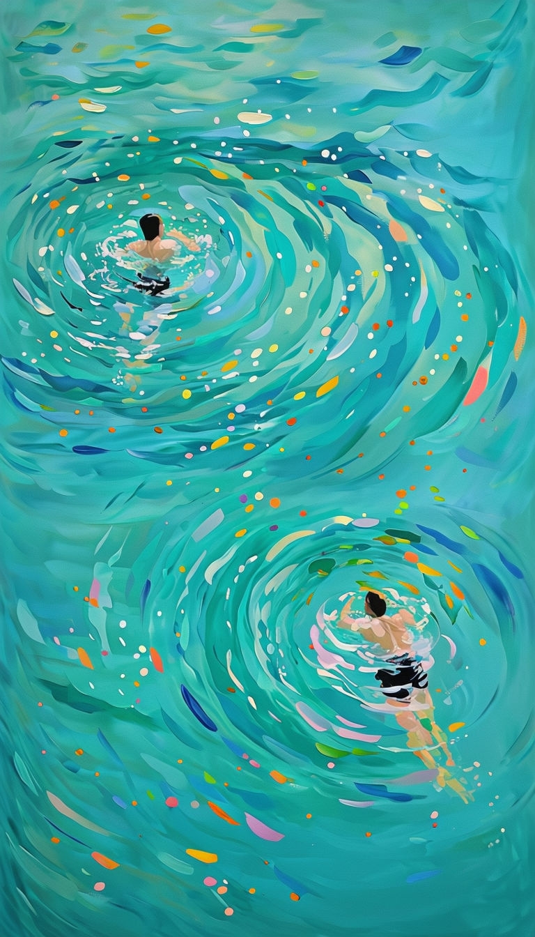 Serene Impressionistic Swimmers in Tranquil Water Mobile Wallpaper