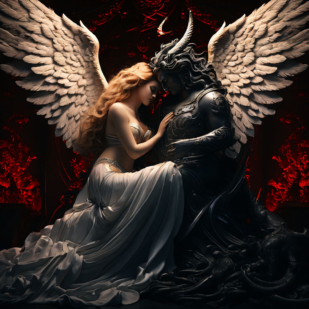 epic illustration of majestic female demon hugging a male white angel