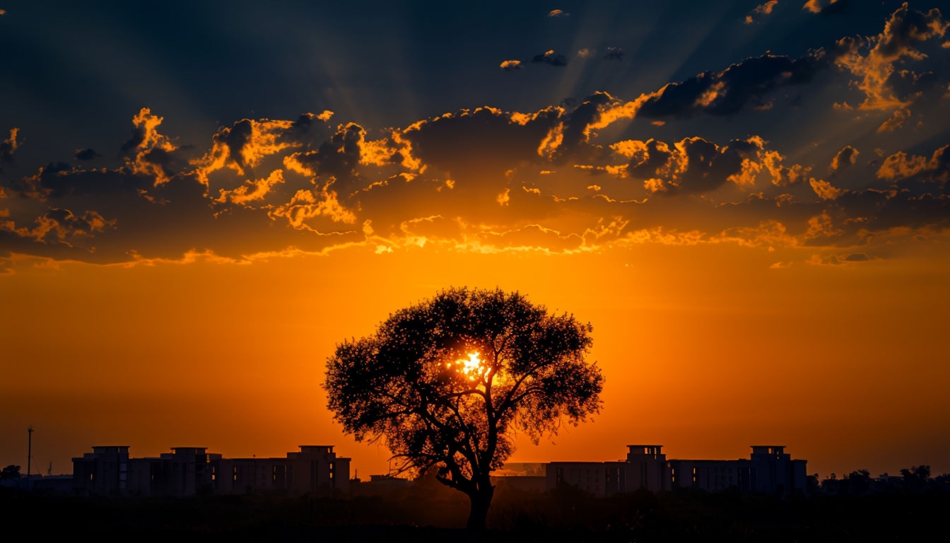 Serene Sunset Landscape with Silhouetted Tree Virtual Backgrounds