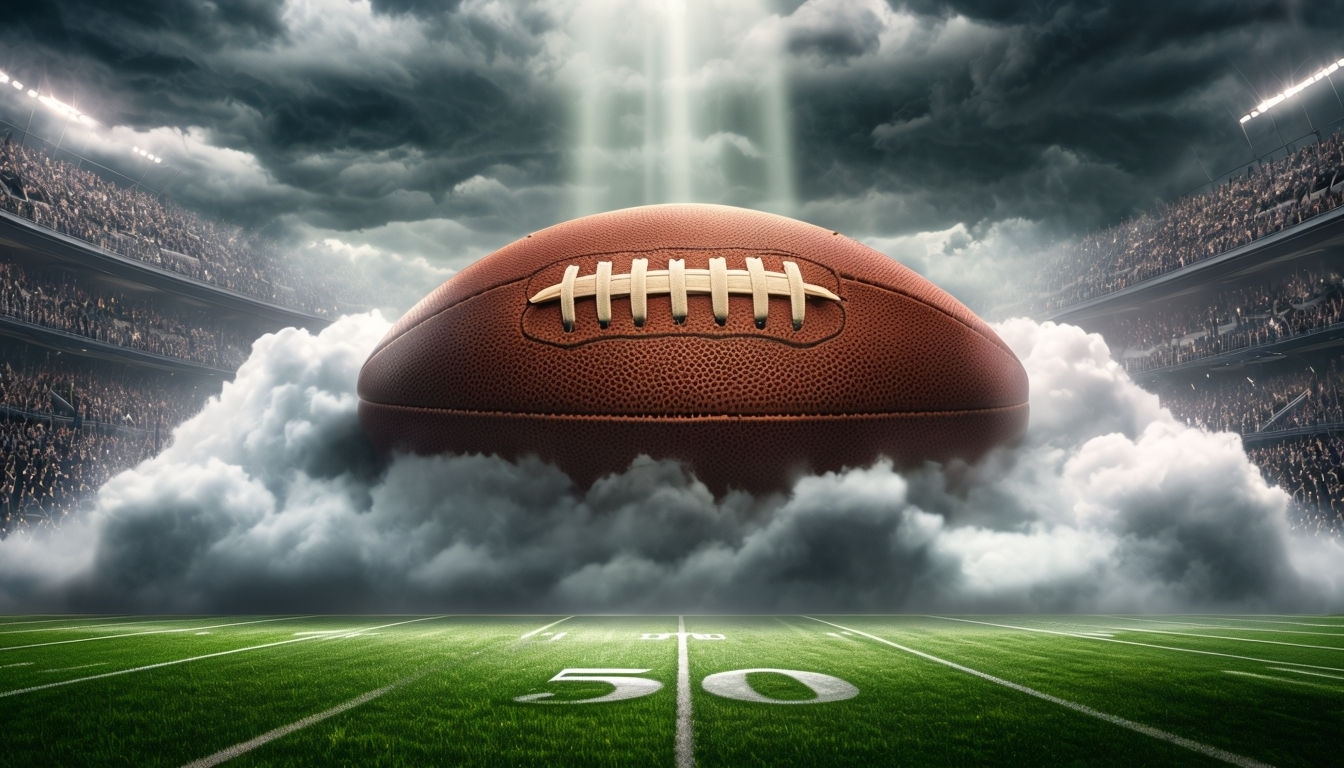 Dramatic American Football Emerging from Clouds in Stadium Scene Background