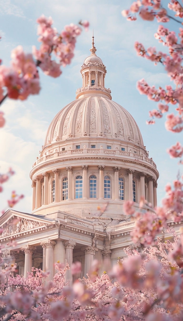 Majestic Neoclassical Dome Surrounded by Cherry Blossoms Mobile Wallpaper