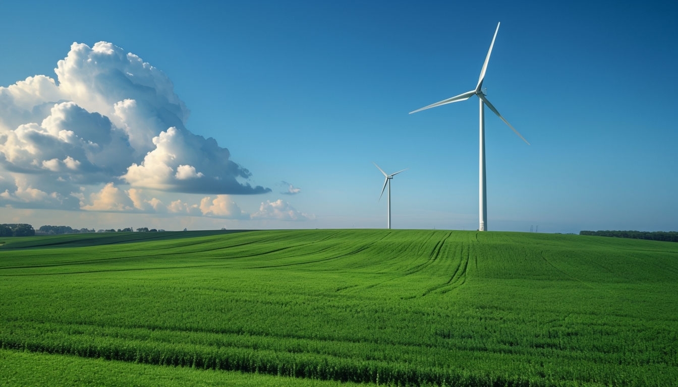 Lush Green Field with Wind Turbines Serene Landscape Background