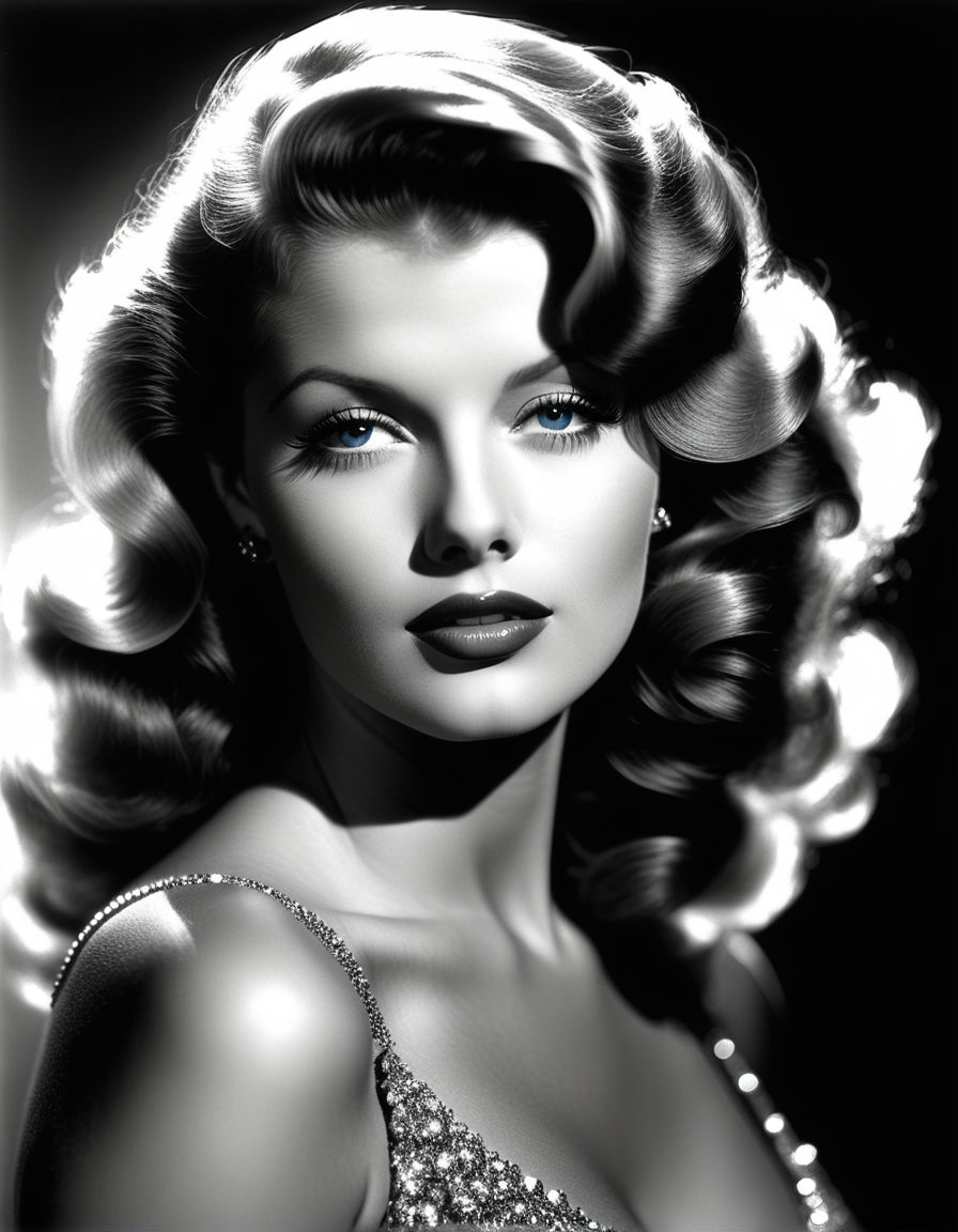 portrait of a beautiful youthful Rita Hayworth. The top of her head is  below the top of the image