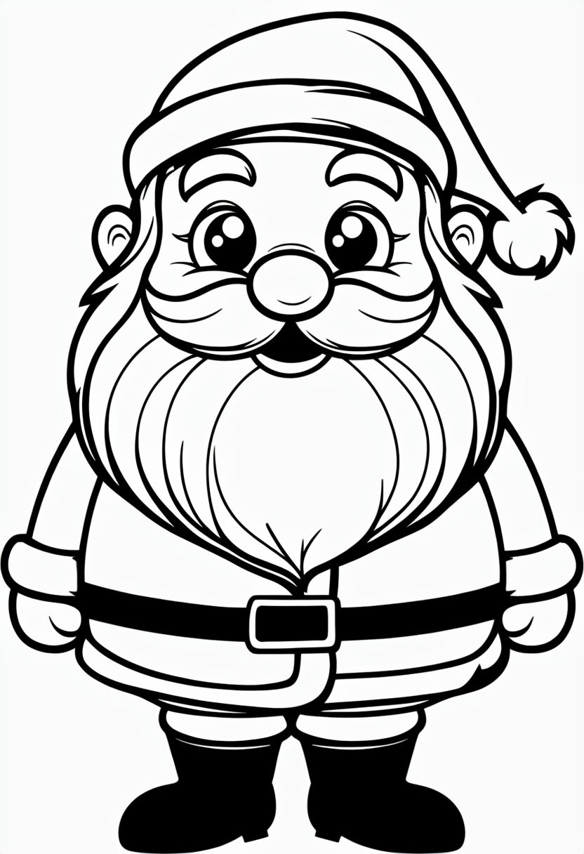 Whimsical Black and White Cartoon Santa Claus Coloring Page