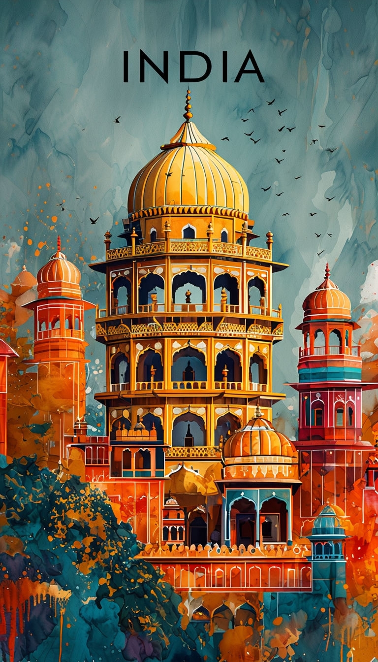 Vibrant Architectural Scene of India with Golden Dome Poster
