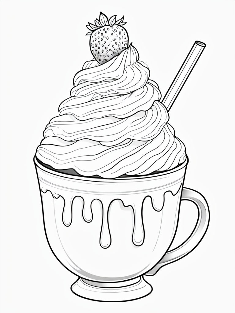 Black and White Ceramic Cup with Whipped Cream and Strawberry Coloring Book Pages