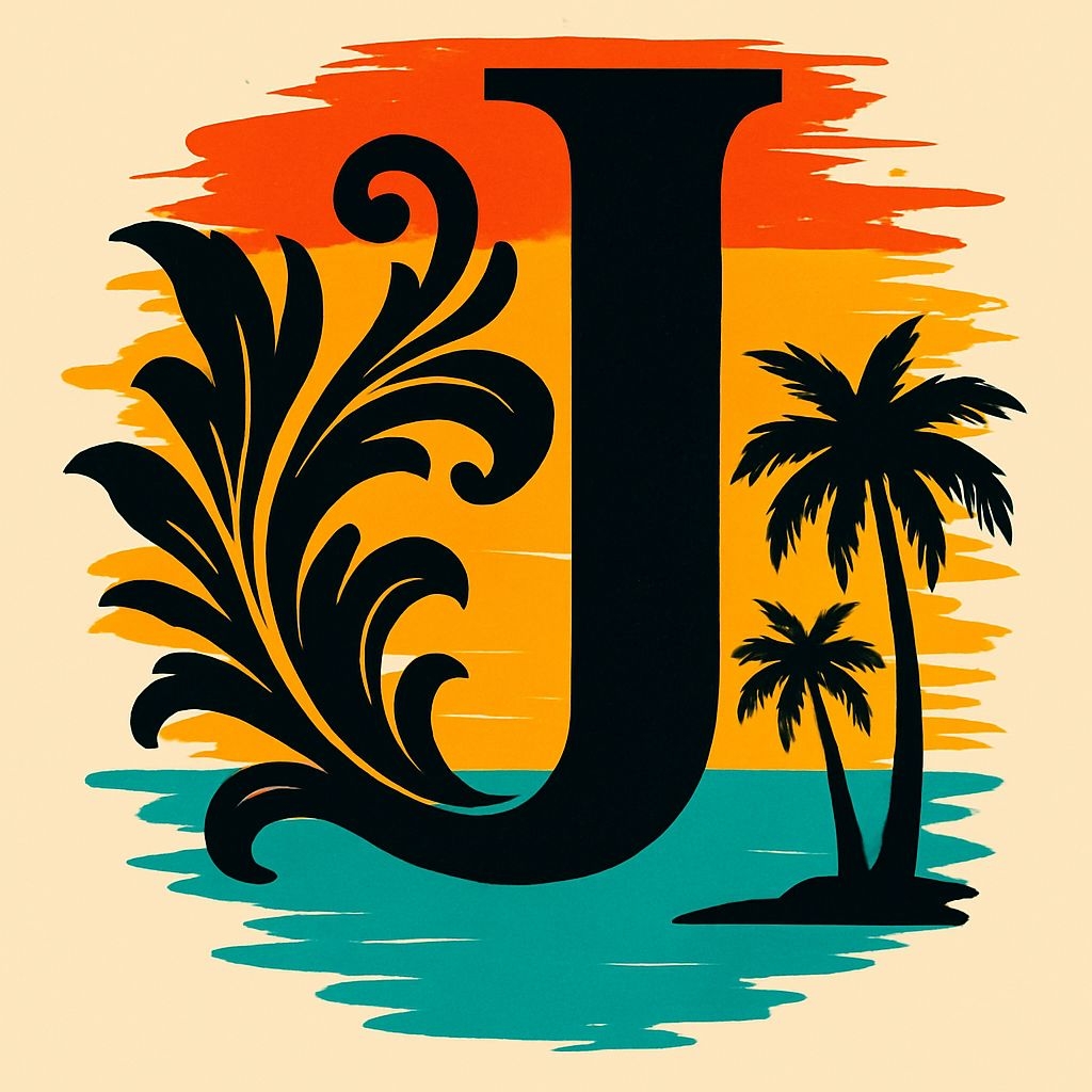 Tropical Sunset 'J' Letter with Floral and Palm Tree Design T-shirt