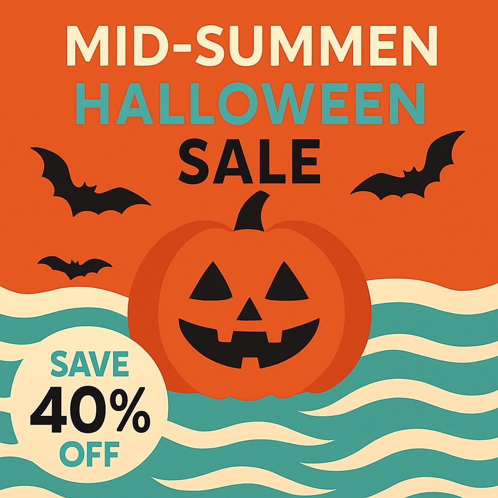 Bright Pumpkin Halloween Sale Poster with Bats and Waves Social Media Post