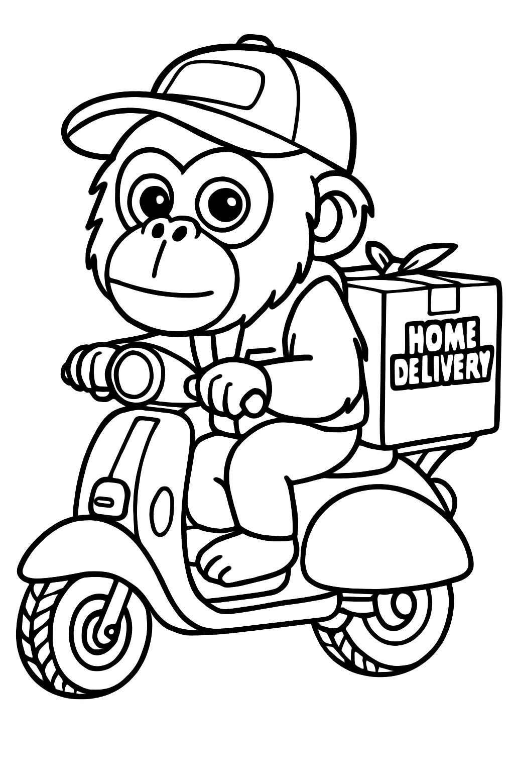 Cheerful Cartoon Chimpanzee Riding Scooter Line Drawing Coloring Book Pages