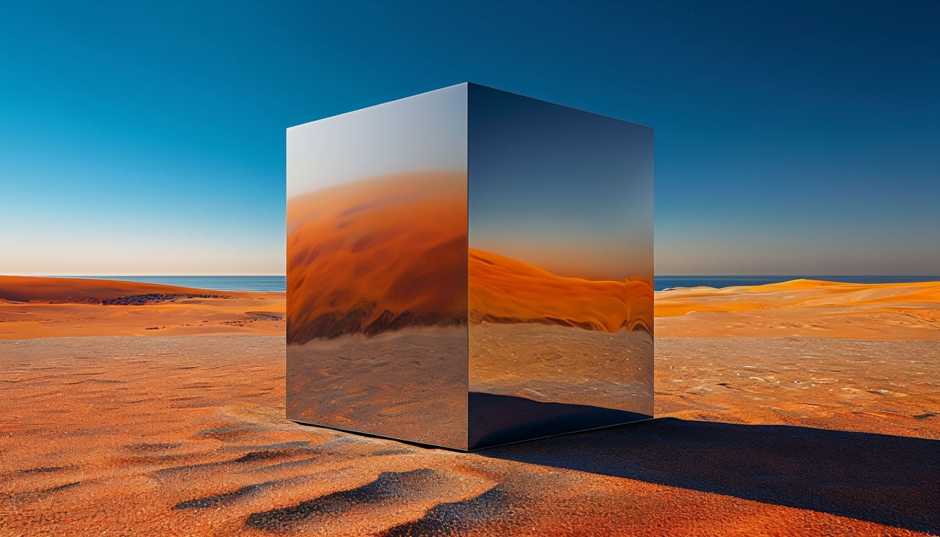 Reflective Minimalist Cube in Desert Landscape Virtual Backgrounds