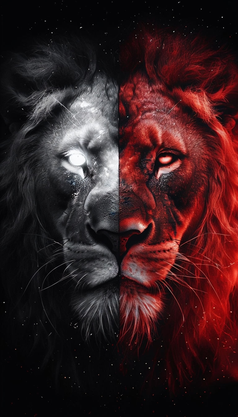 Striking Split-Faced Lion Artwork with Intense Contrast Mobile Wallpaper