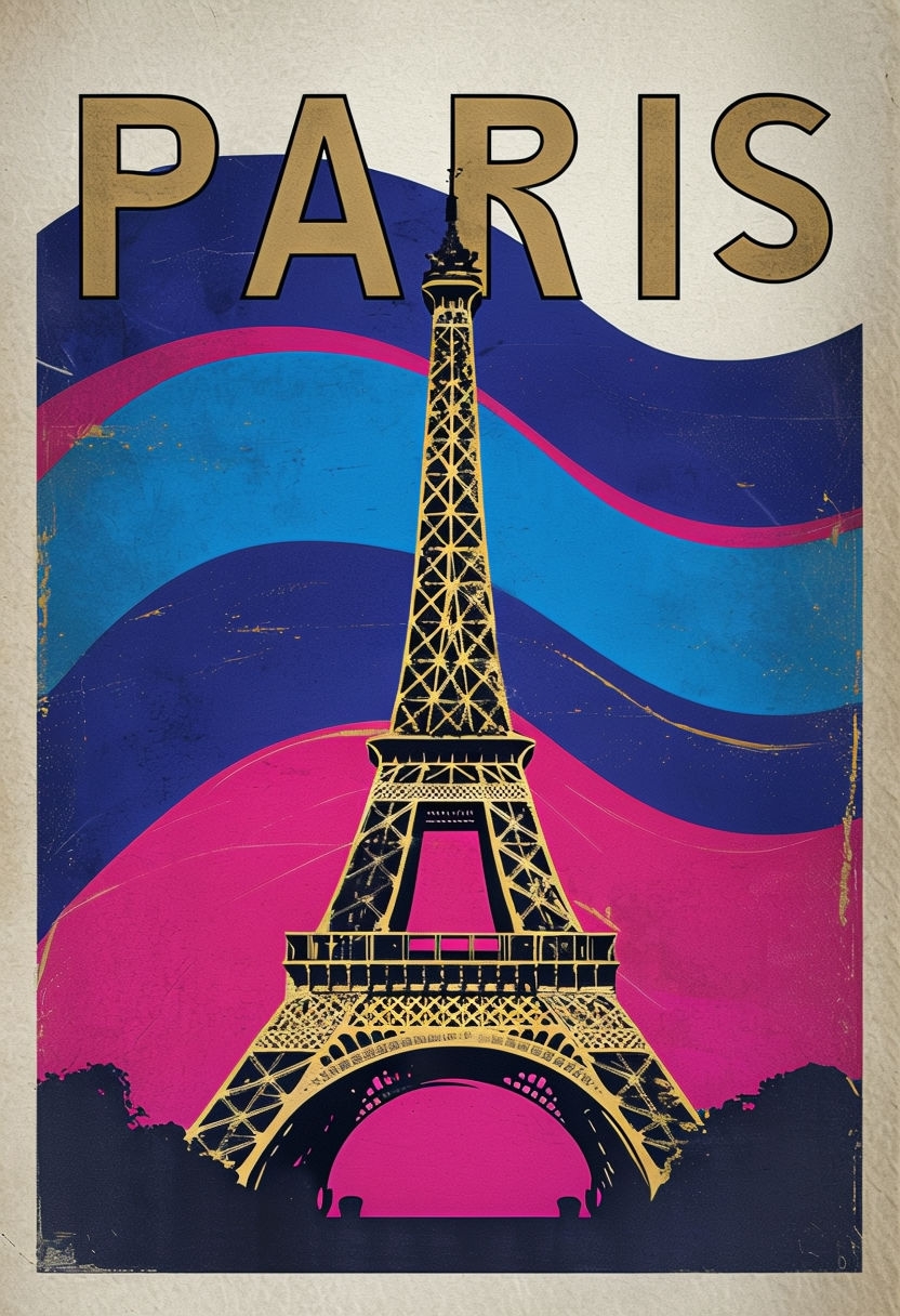 Vintage Paris Travel Poster Featuring Artistic Eiffel Tower Design