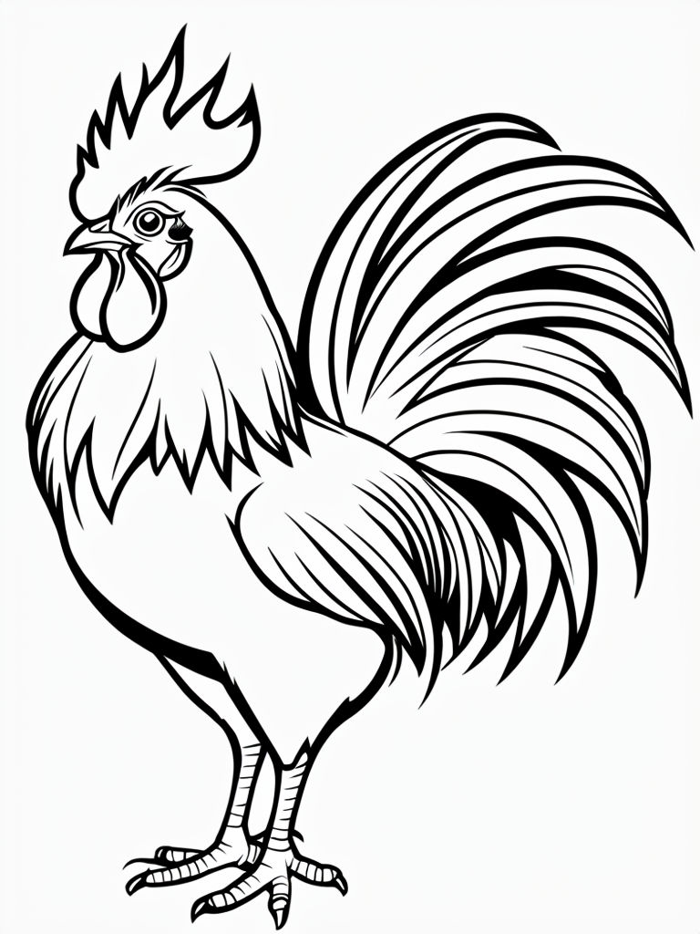 Bold Black and White Rooster Outline Drawing for Coloring Book Pages