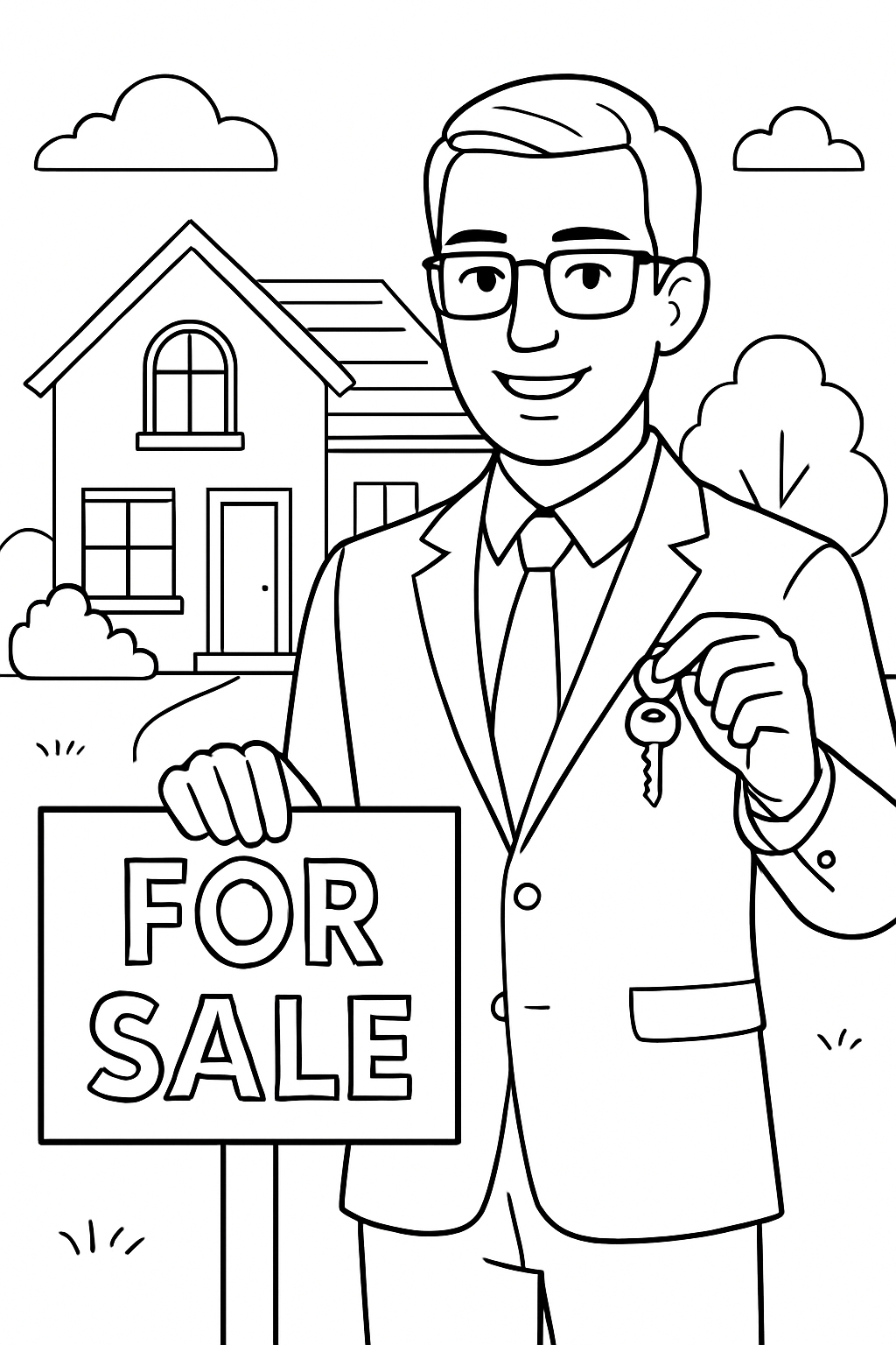 Cheerful Male Character with House and Key Coloring Page