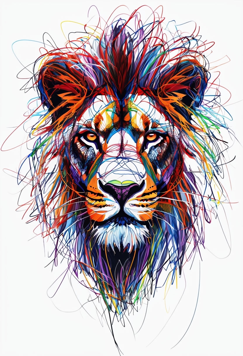 Vibrant Scribble-Style Lion Face Line Art Poster