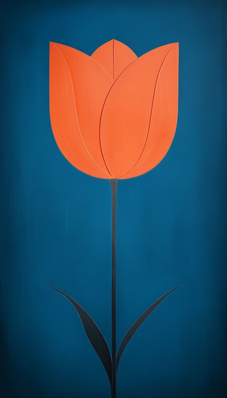 Coral Orange Tulip Minimalist Artwork Against Petrol Blue Background Mobile Wallpaper