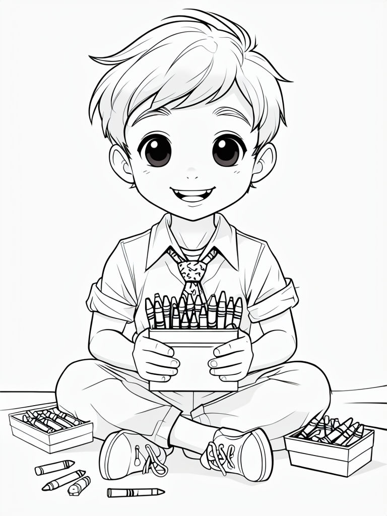 Adorable Boy with Crayons Black and White Line Drawing Coloring Book Pages