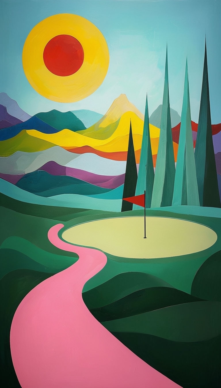 Vivid Abstract Landscape with Golf Hole and Colorful Hills Art